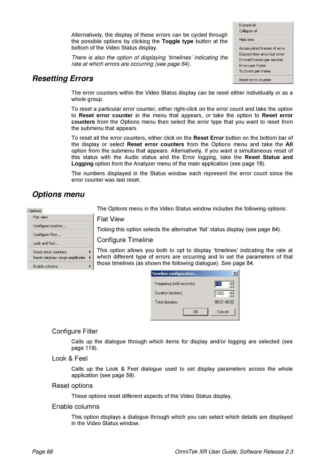 OmniTek 2.3 manual Resetting Errors, Options menu 