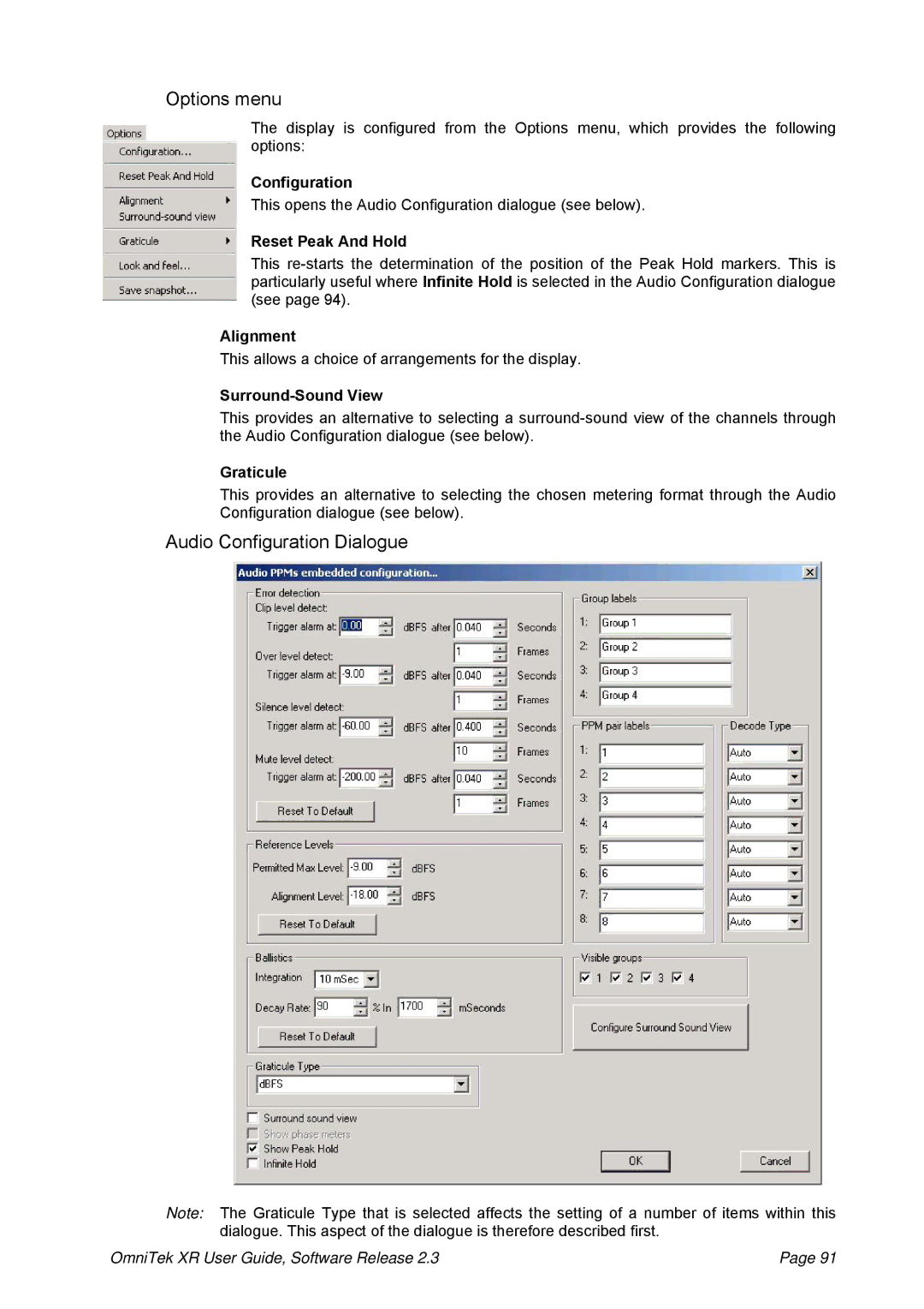 OmniTek 2.3 manual Options menu, Audio Configuration Dialogue 