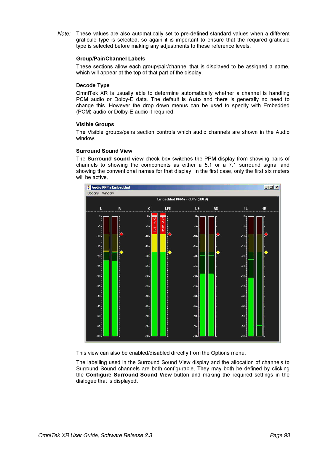 OmniTek 2.3 manual Group/Pair/Channel Labels, Decode Type, Visible Groups, Surround Sound View 