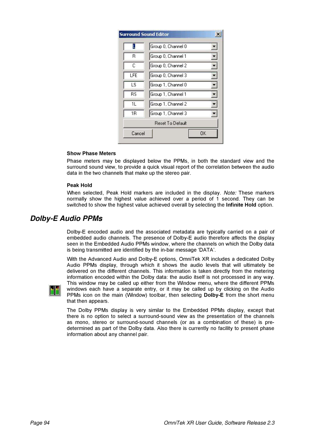 OmniTek 2.3 manual Dolby-E Audio PPMs, Show Phase Meters, Peak Hold 