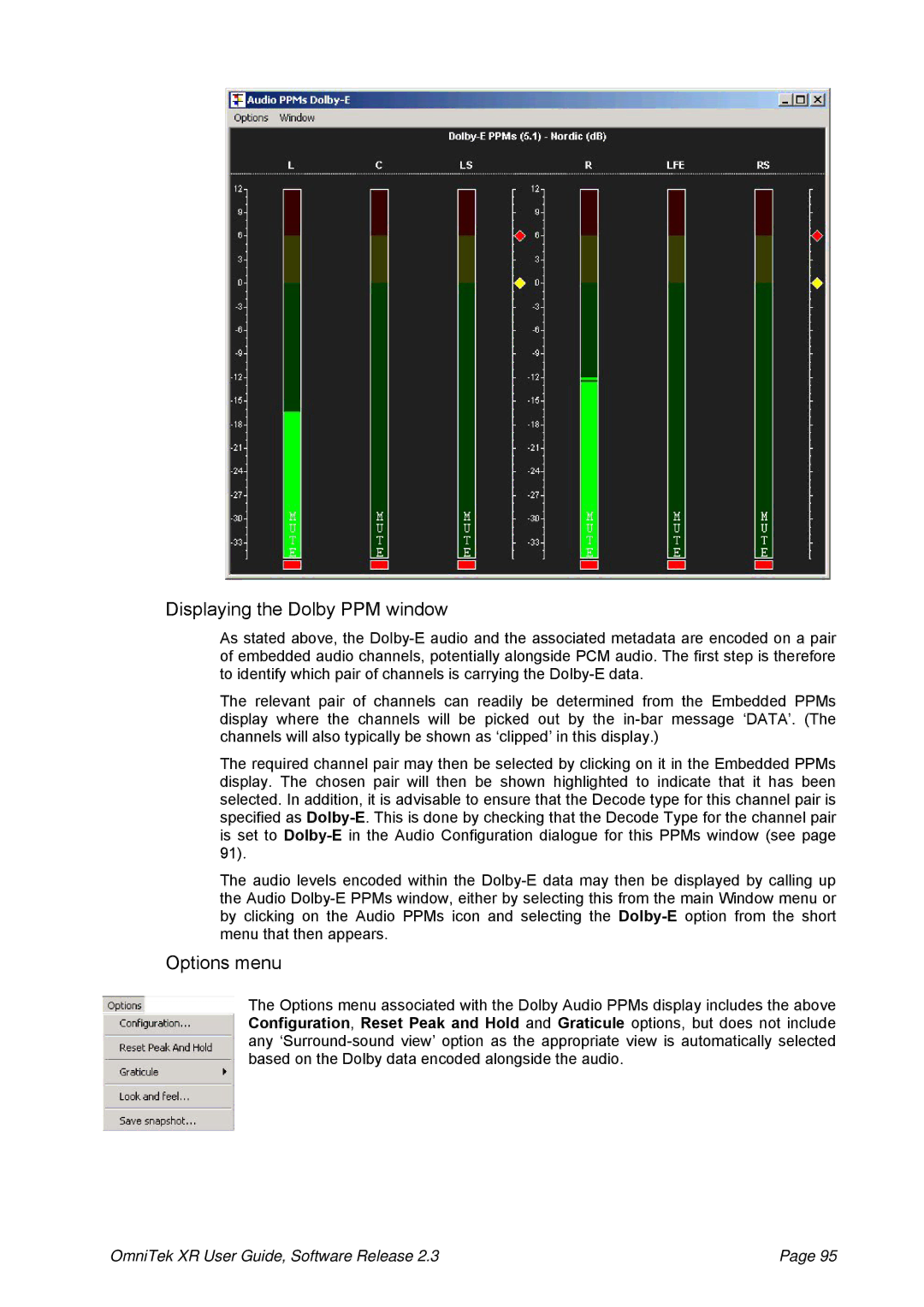 OmniTek 2.3 manual Displaying the Dolby PPM window, Options menu 