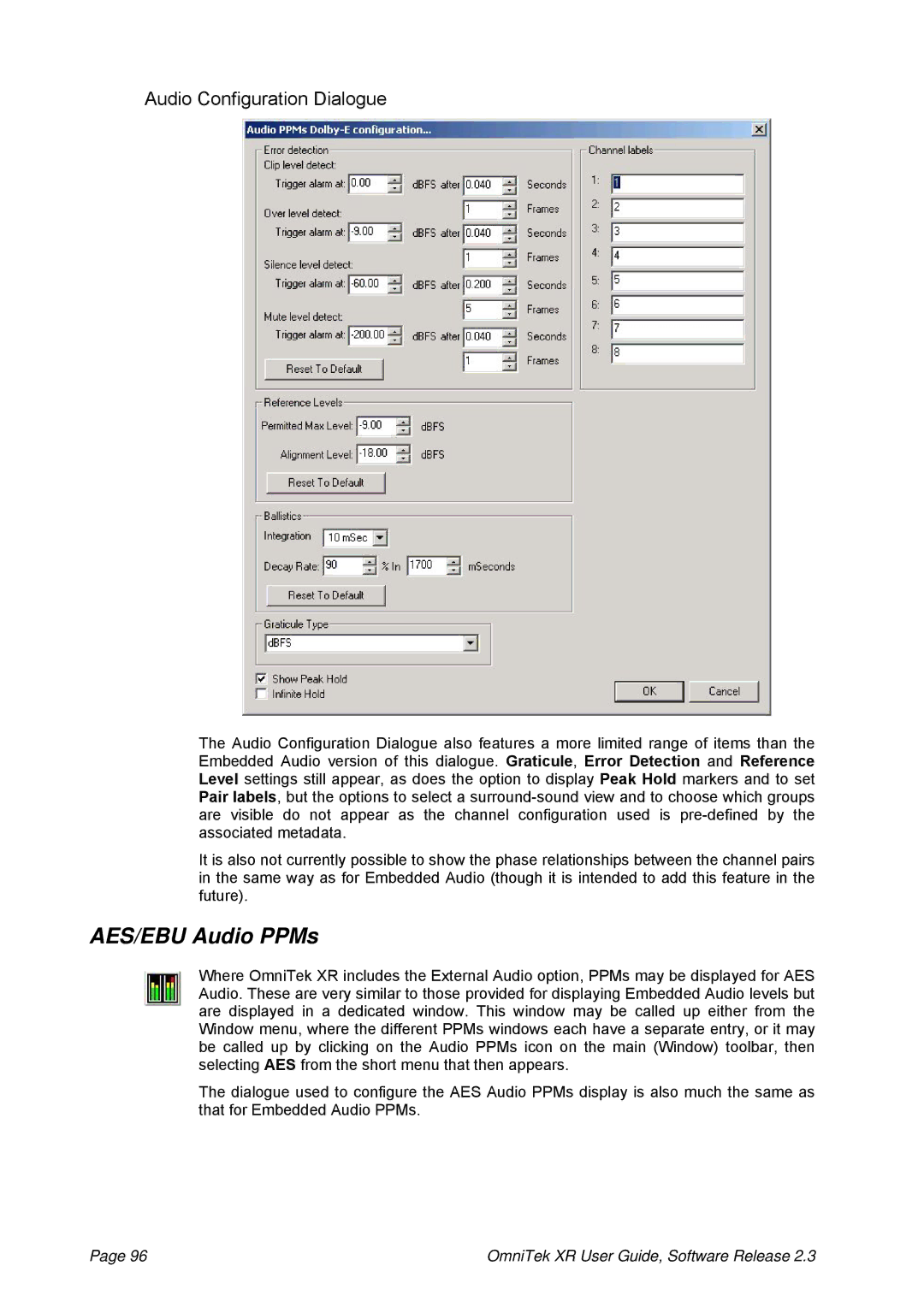 OmniTek 2.3 manual AES/EBU Audio PPMs, Audio Configuration Dialogue 