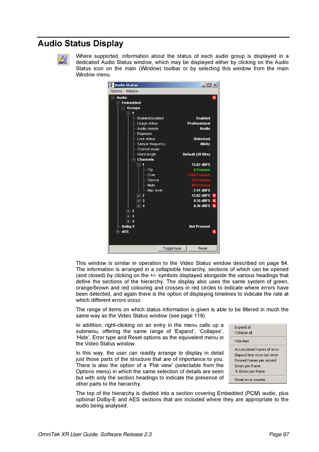 OmniTek 2.3 manual Audio Status Display 