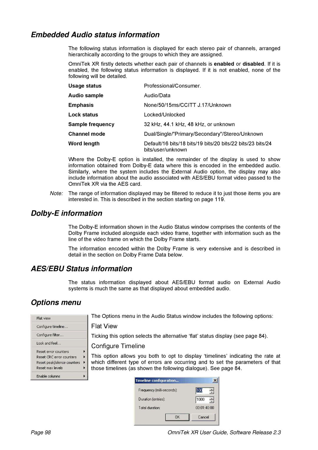 OmniTek 2.3 manual Embedded Audio status information, Dolby-E information, AES/EBU Status information 