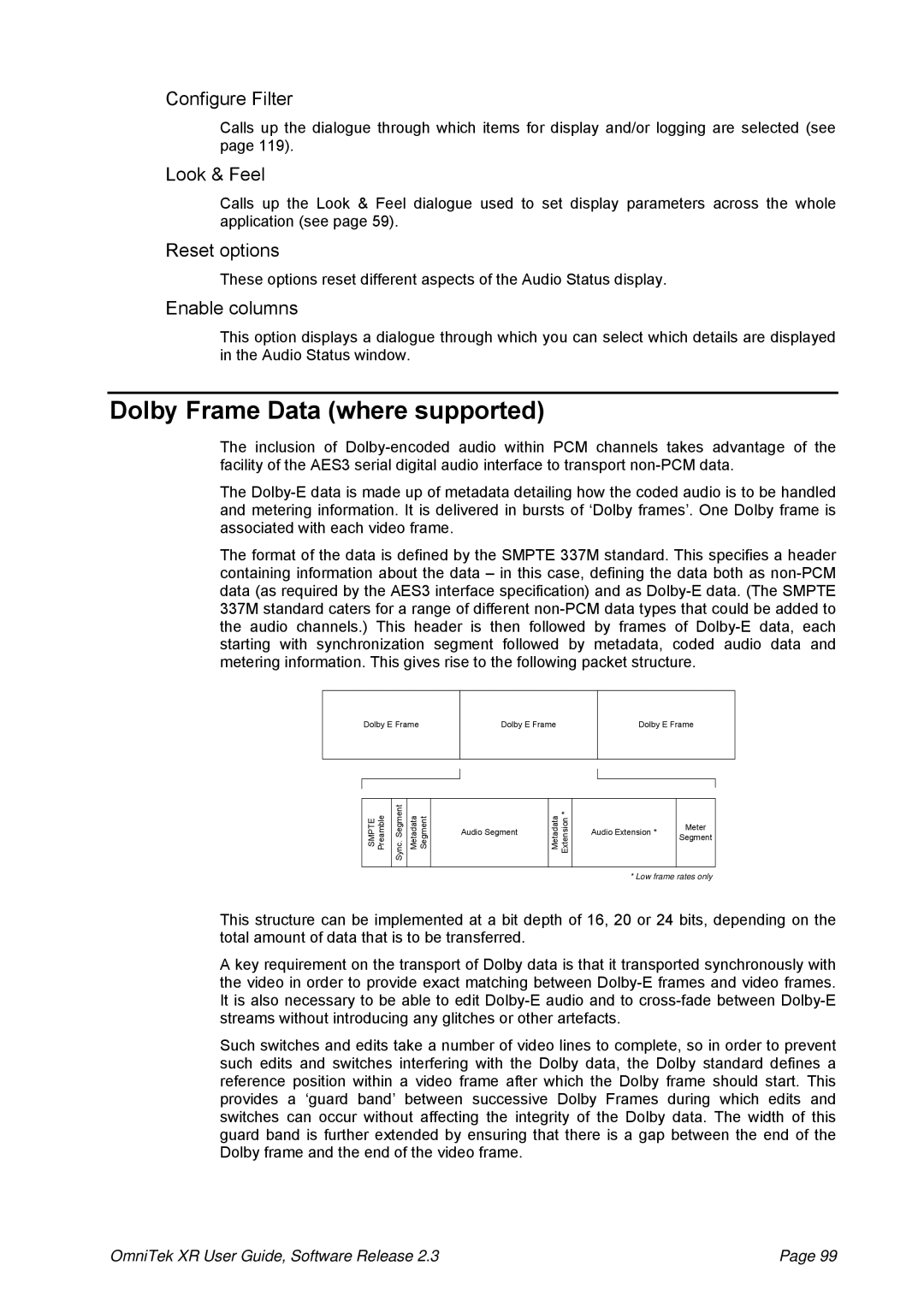 OmniTek 2.3 manual Dolby Frame Data where supported, Configure Filter 