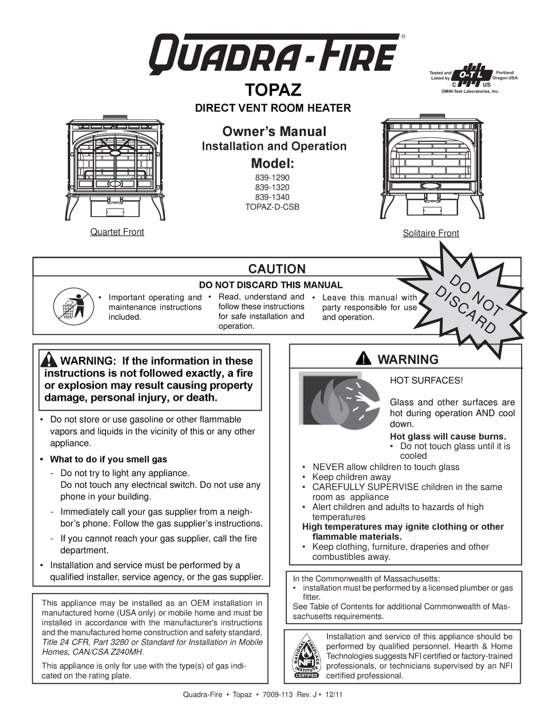 OmniTek 839-1320, 839-1290, 839-1340 owner manual Do Discardnot, Hot glass will cause burns 