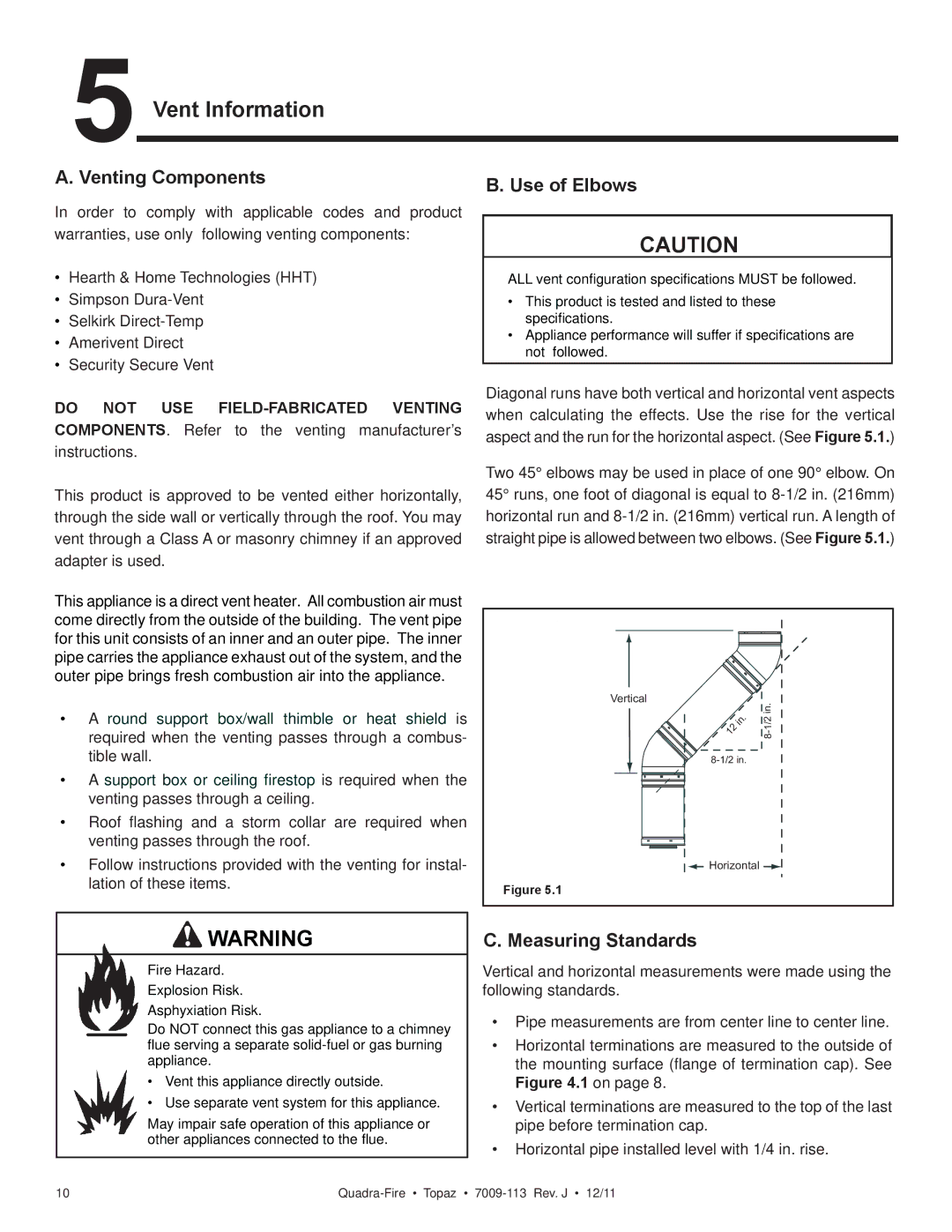 OmniTek 839-1320, 839-1290, 839-1340 owner manual Vent Information, Venting Components, Use of Elbows, Measuring Standards 