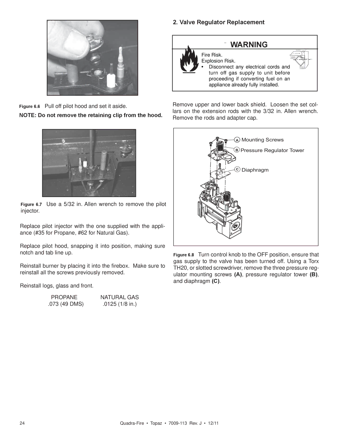 OmniTek 839-1290, 839-1320, 839-1340 owner manual Valve Regulator Replacement, Propane Natural GAS 