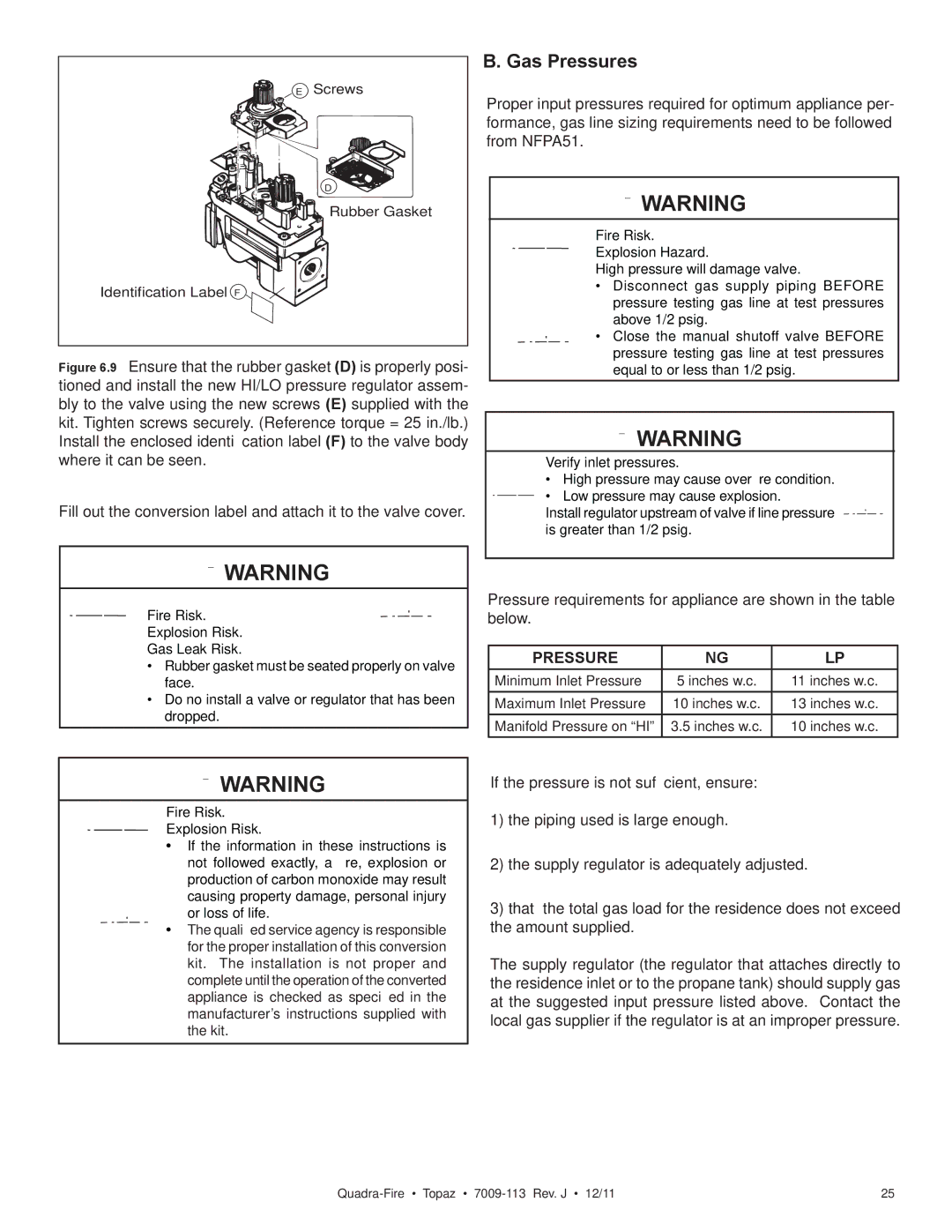 OmniTek 839-1320, 839-1290, 839-1340 owner manual Gas Pressures 