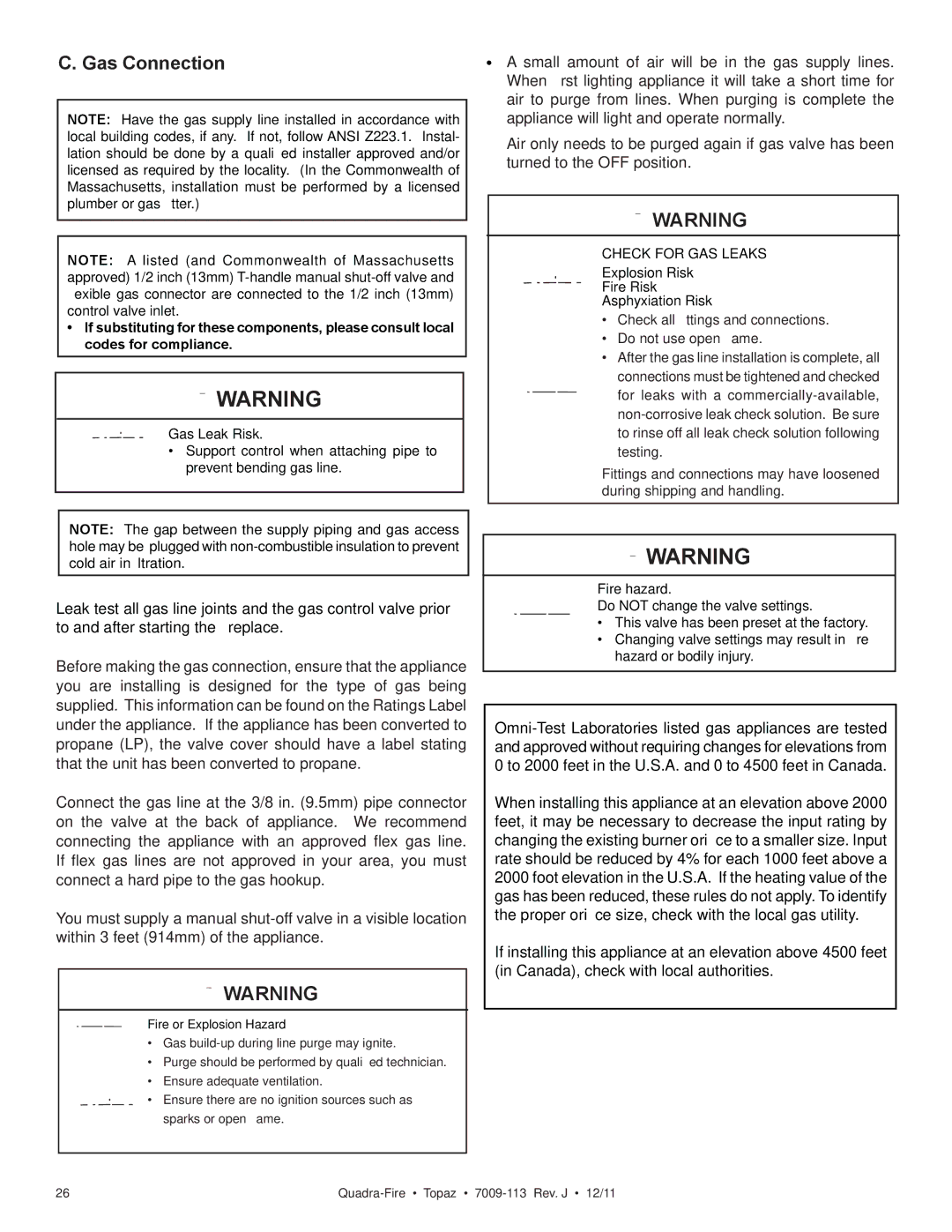 OmniTek 839-1340, 839-1290, 839-1320 owner manual Gas Connection, Check for GAS Leaks 