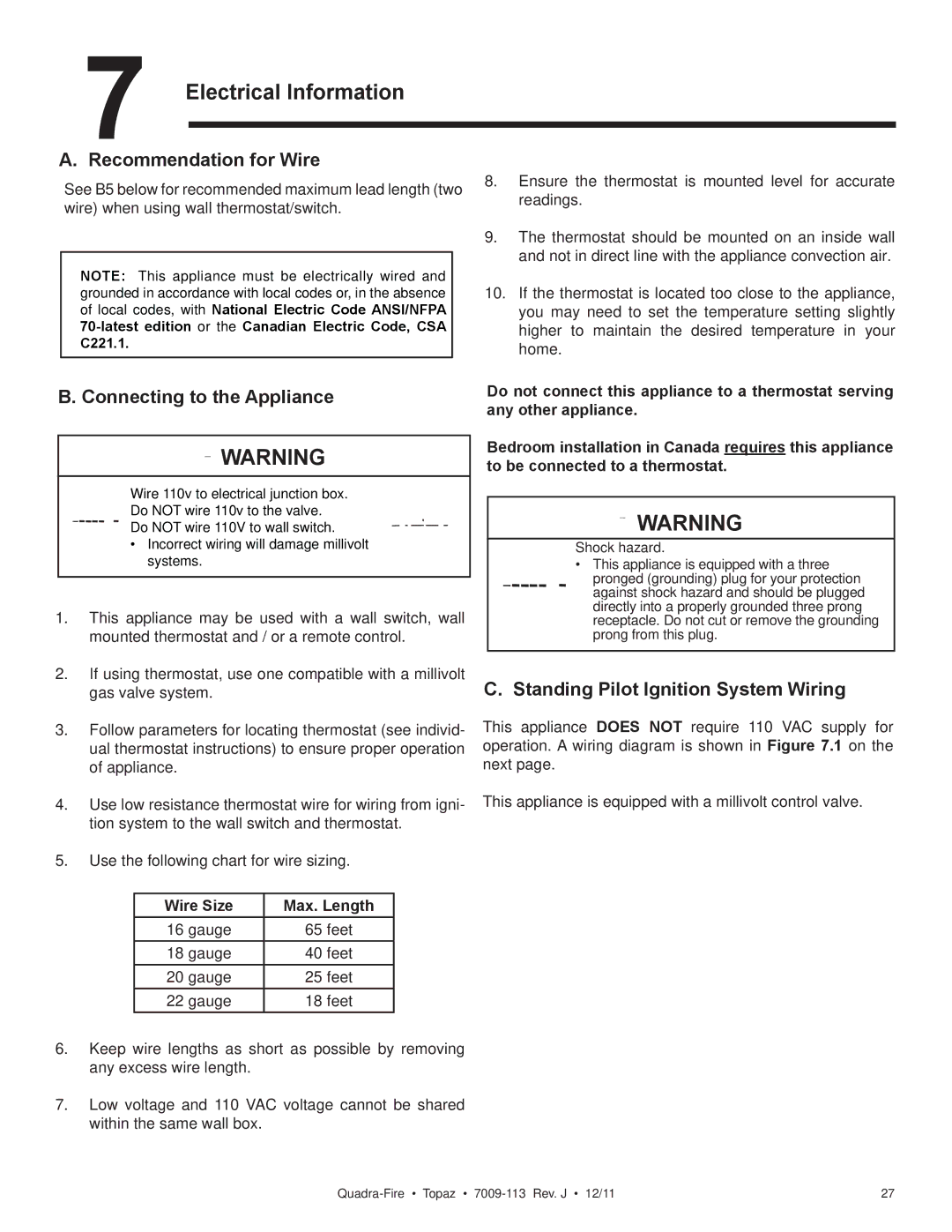 OmniTek 839-1290 Electrical Information, Recommendation for Wire, Connecting to the Appliance, Wire Size Max. Length 