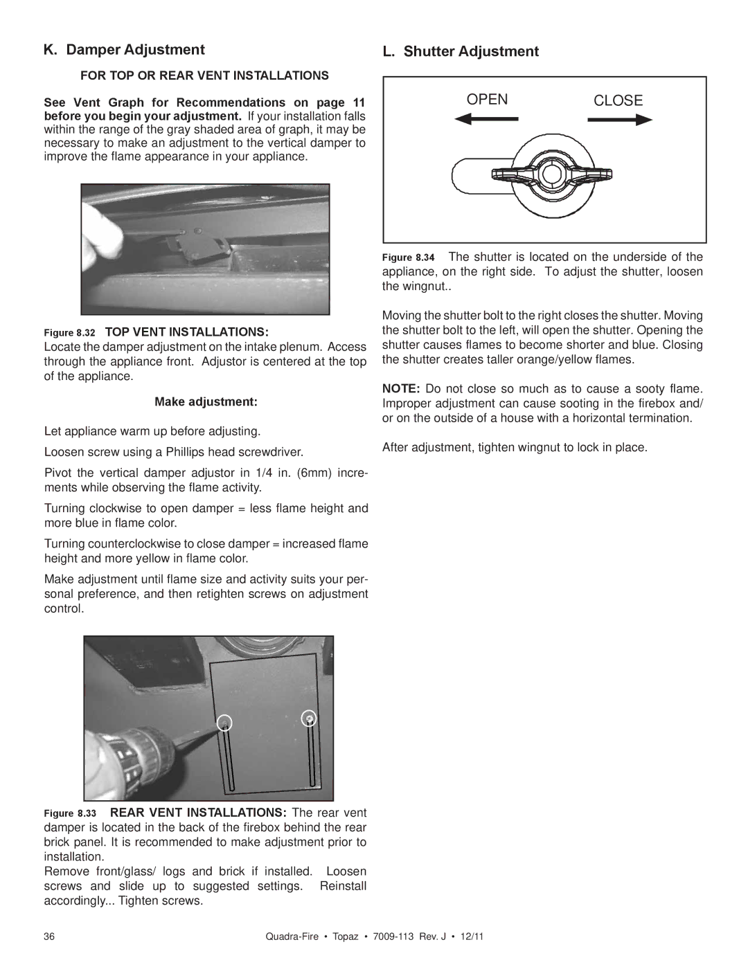 OmniTek 839-1290, 839-1320 Damper Adjustment, Shutter Adjustment, For TOP or Rear Vent Installations, Make adjustment 