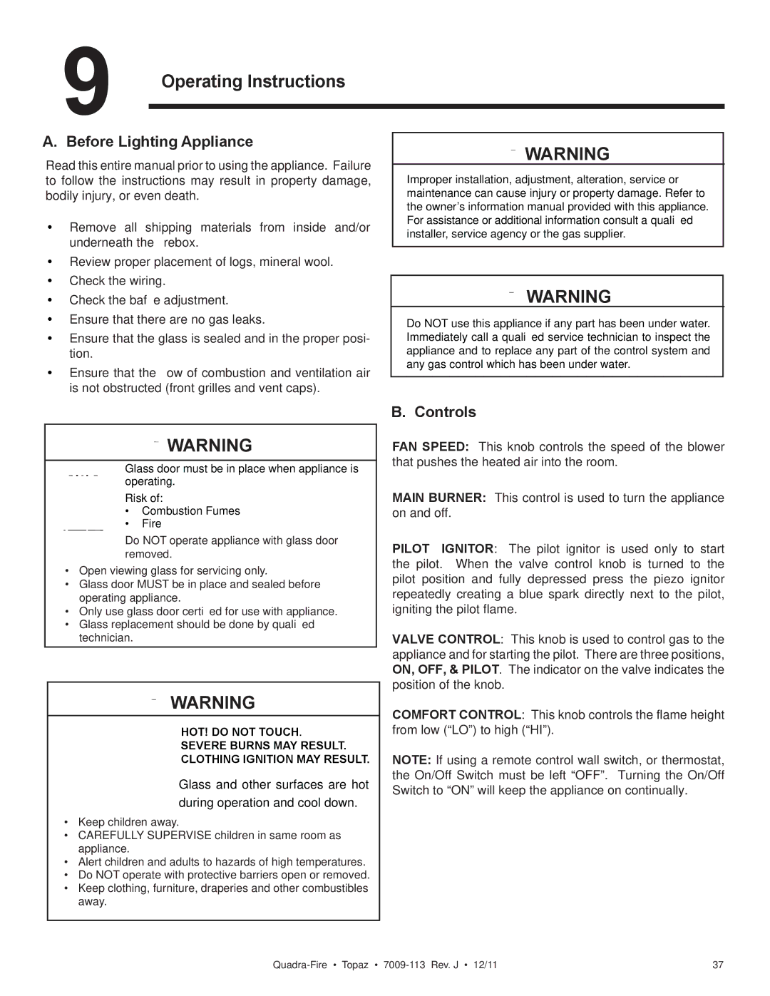 OmniTek 839-1320, 839-1290, 839-1340 owner manual Operating Instructions, Before Lighting Appliance, Controls 