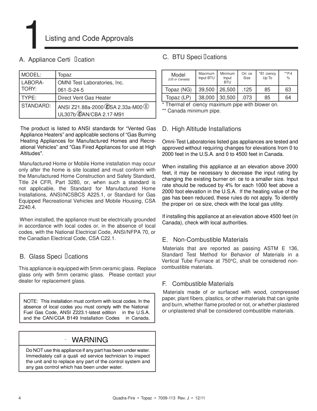 OmniTek 839-1320, 839-1290, 839-1340 owner manual 1Listing and Code Approvals 