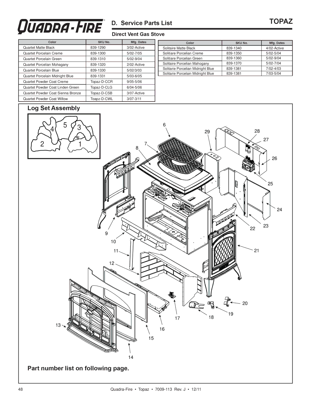 OmniTek 839-1290, 839-1320 RD. Service Parts List, Log Set Assembly Part number list on following, Direct Vent Gas Stove 