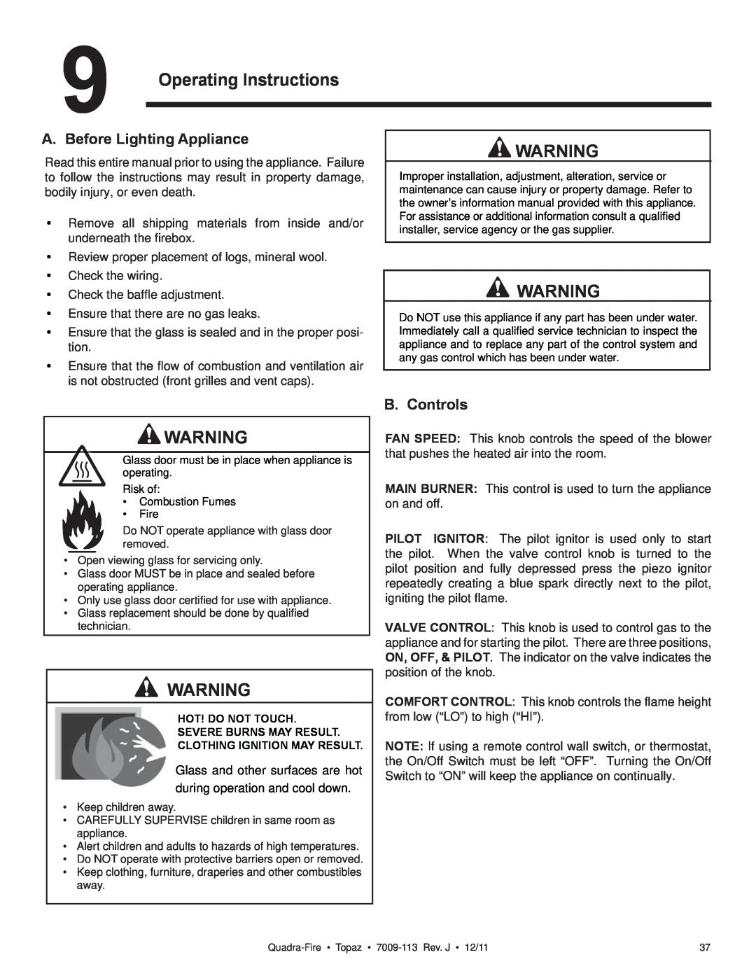 OmniTek 839-1320, 839-1290, 839-1340 owner manual Operating Instructions, A. Before Lighting Appliance, B. Controls 