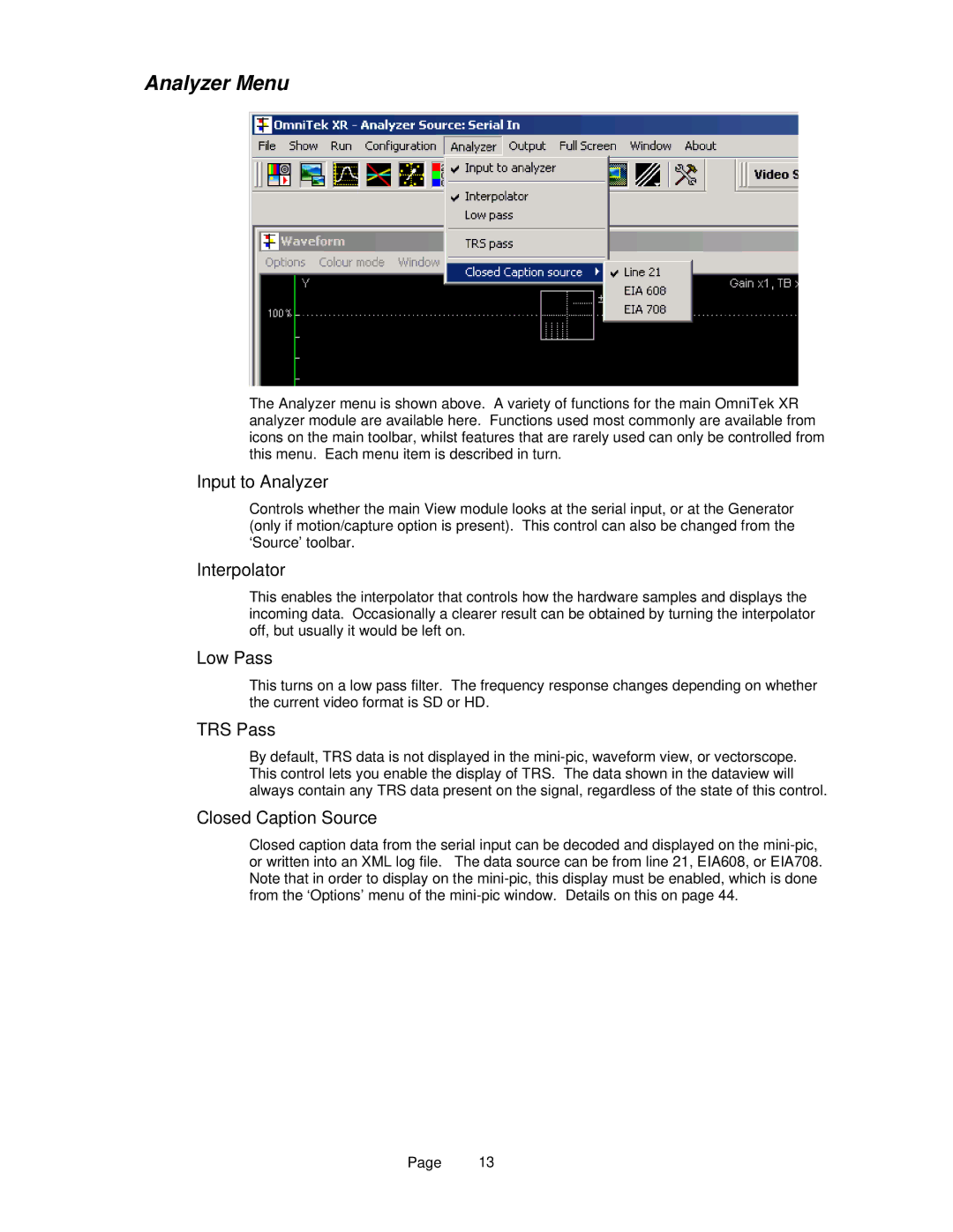 OmniTek OmniTek XR manual Analyzer Menu 