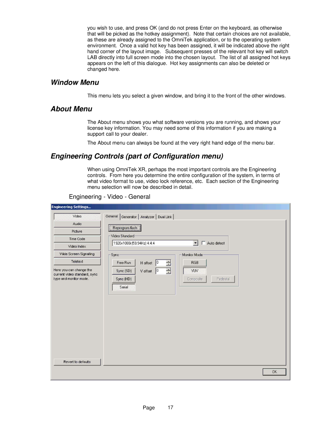 OmniTek OmniTek XR Window Menu, About Menu, Engineering Controls part of Configuration menu, Engineering Video General 