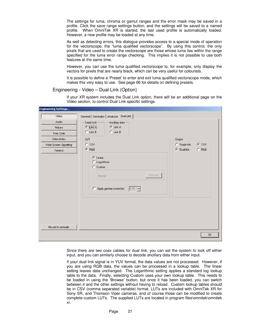 OmniTek OmniTek XR manual Engineering Video Dual Link Option 