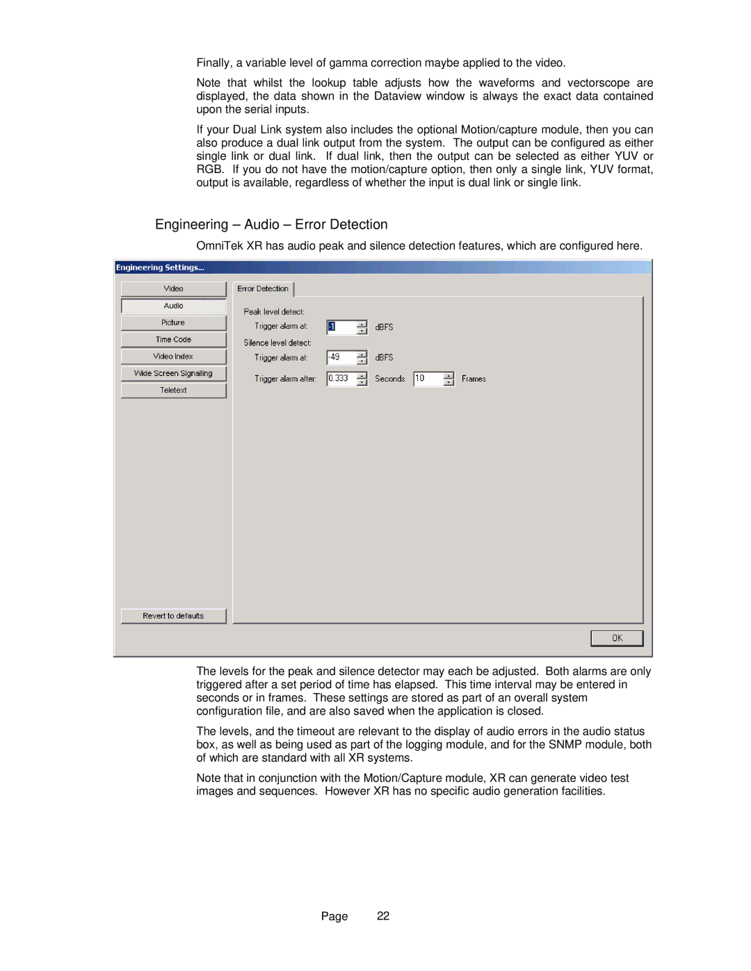 OmniTek OmniTek XR manual Engineering Audio Error Detection 