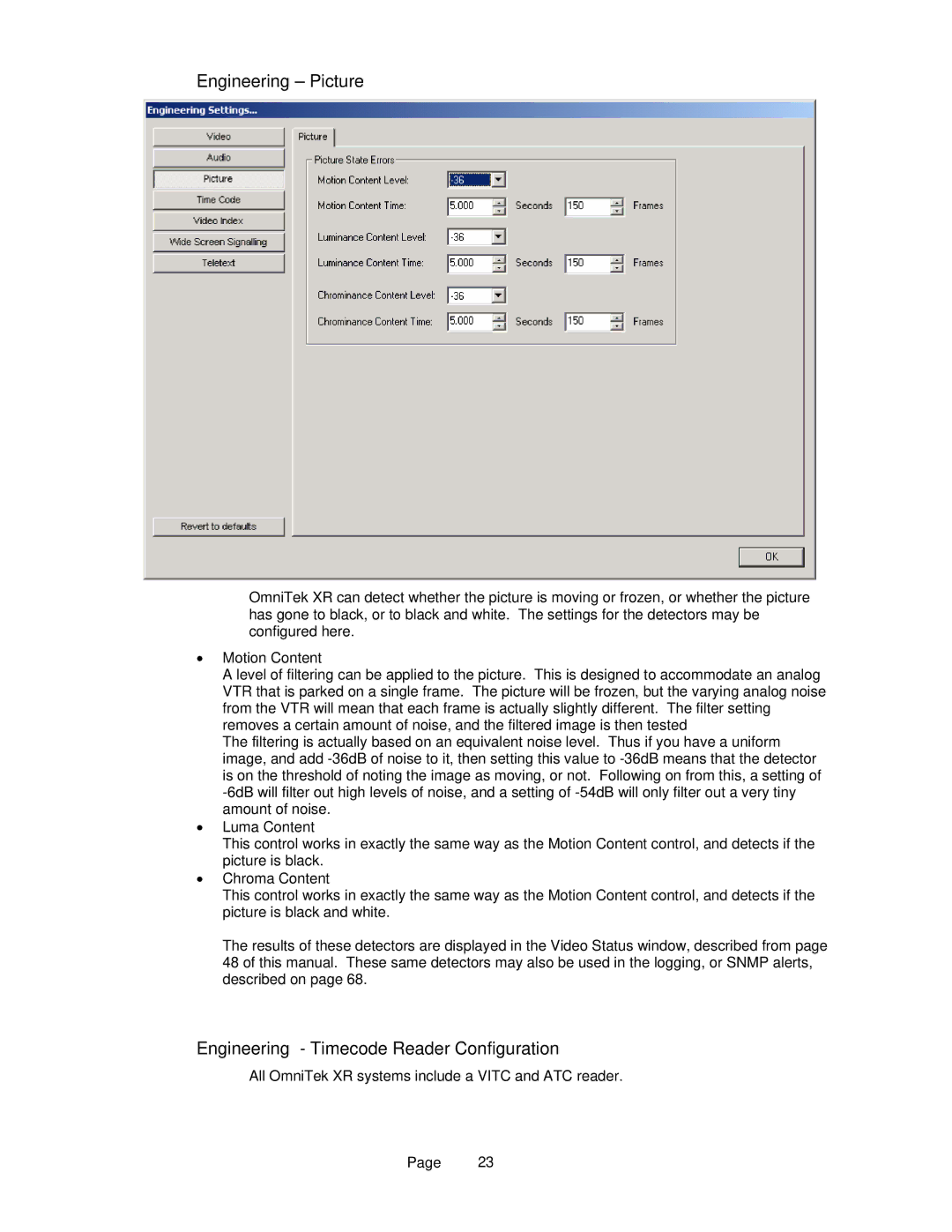 OmniTek OmniTek XR manual Engineering Picture, Engineering Timecode Reader Configuration 