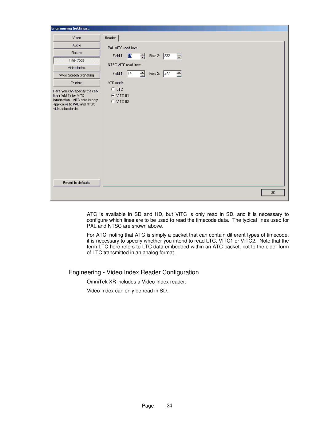 OmniTek OmniTek XR manual Engineering Video Index Reader Configuration 