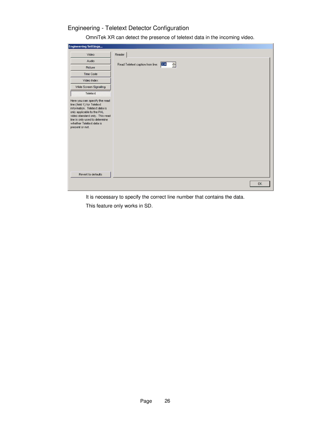 OmniTek OmniTek XR manual Engineering Teletext Detector Configuration 