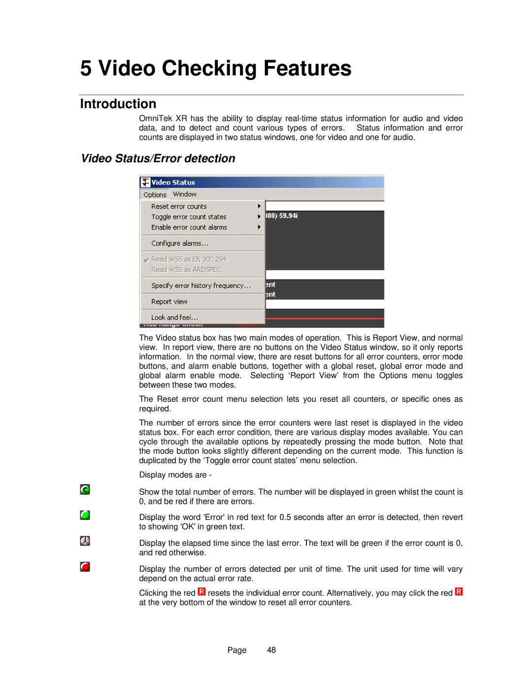 OmniTek OmniTek XR manual Video Checking Features, Video Status/Error detection 