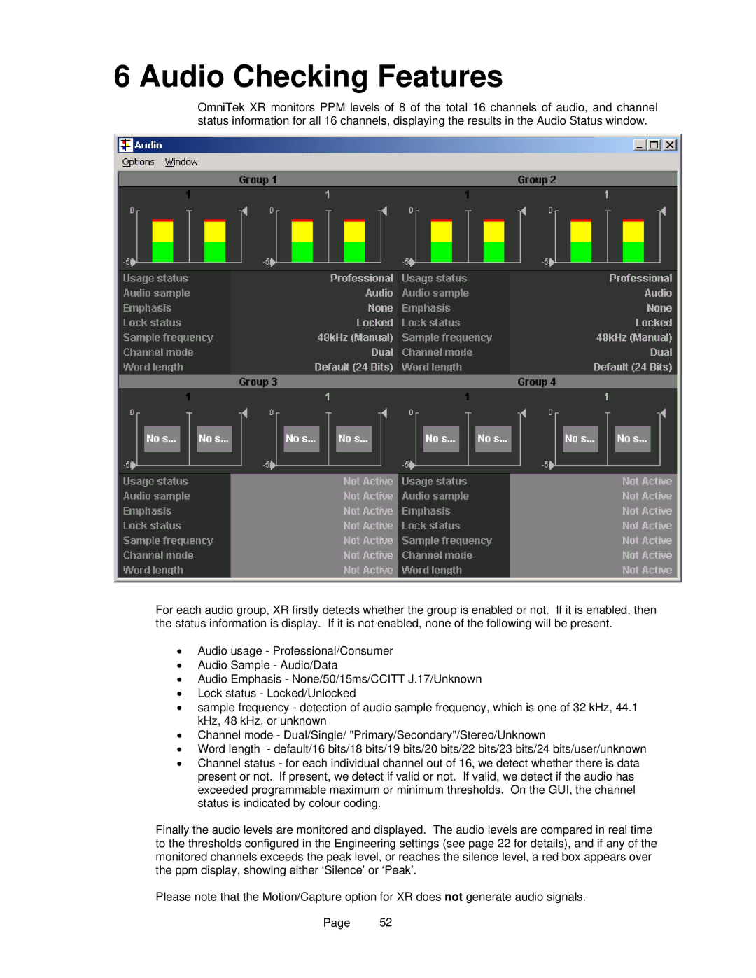 OmniTek OmniTek XR manual Audio Checking Features 