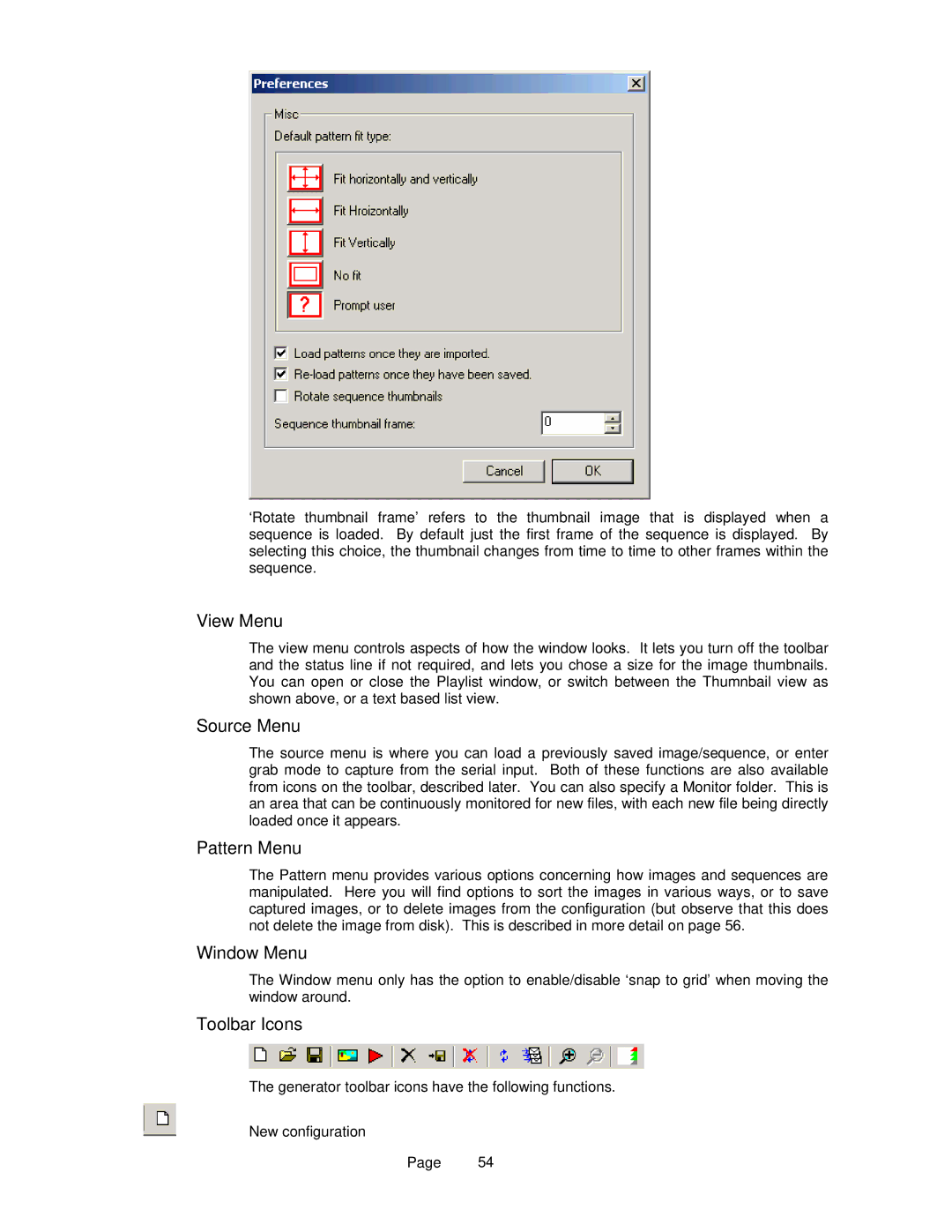 OmniTek OmniTek XR manual View Menu, Source Menu, Pattern Menu, Window Menu, Toolbar Icons 