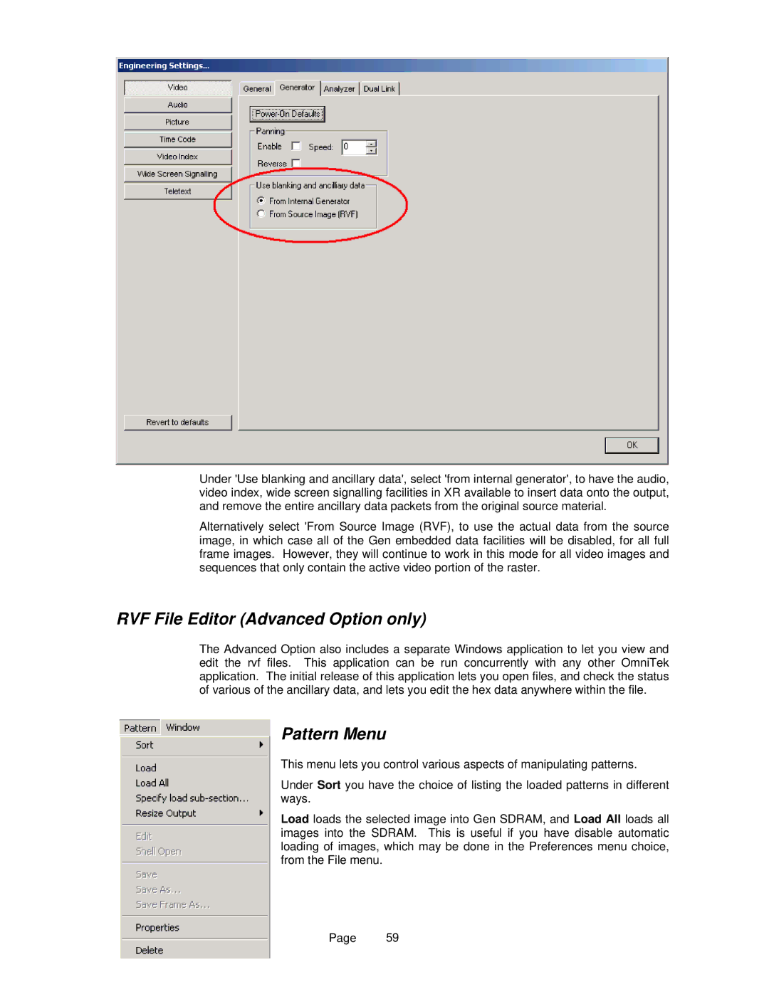 OmniTek OmniTek XR manual RVF File Editor Advanced Option only, Pattern Menu 