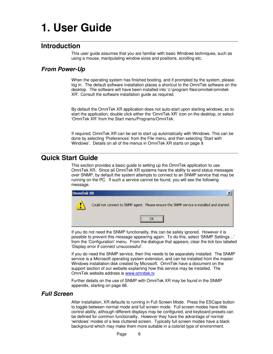 OmniTek OmniTek XR manual User Guide, Introduction, Quick Start Guide, From Power-Up, Full Screen 