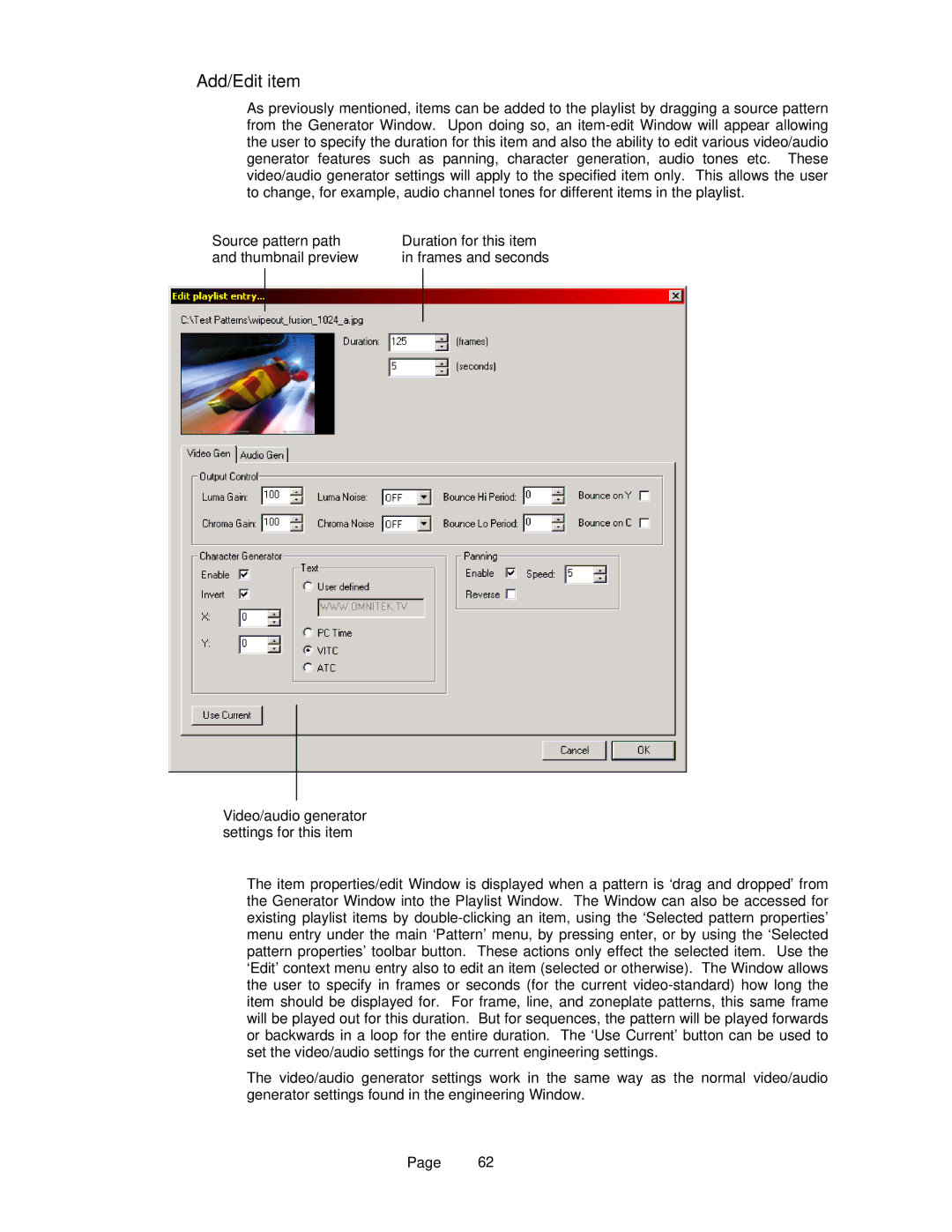 OmniTek OmniTek XR manual Add/Edit item, Video/audio generator settings for this item 