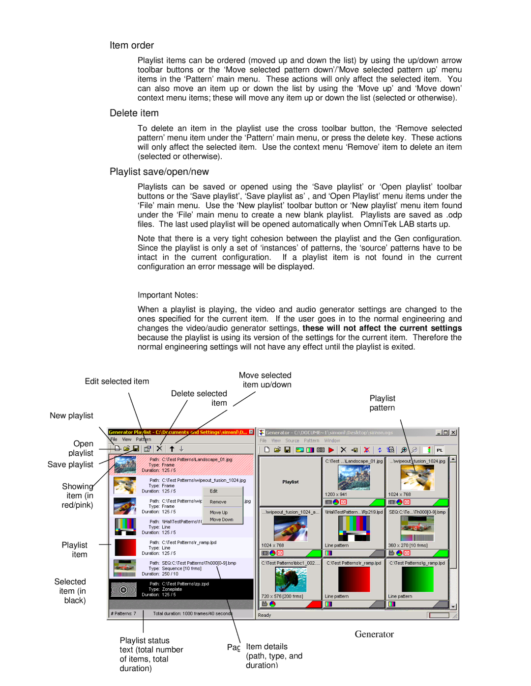 OmniTek OmniTek XR manual Item order, Delete item, Playlist save/open/new 