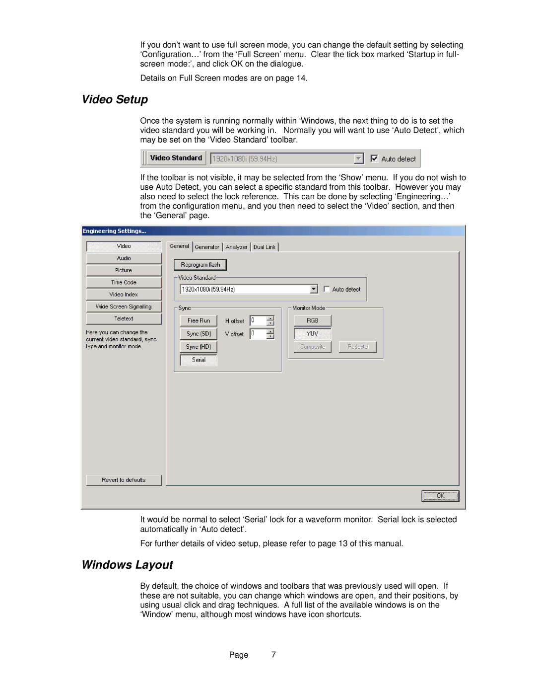 OmniTek OmniTek XR manual Video Setup, Windows Layout 