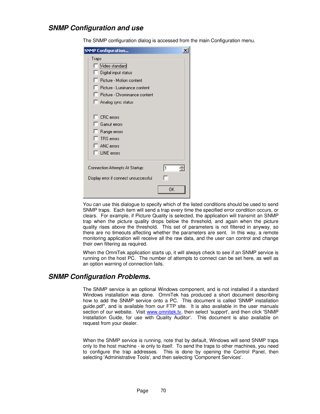OmniTek OmniTek XR manual Snmp Configuration and use, Snmp Configuration Problems 