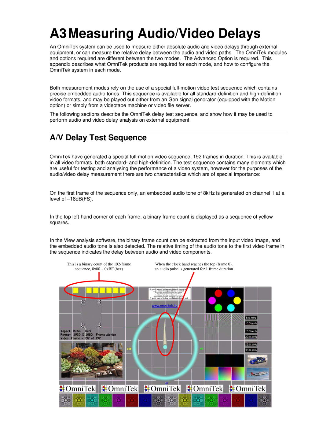 OmniTek OmniTek XR manual A3Measuring Audio/Video Delays, Delay Test Sequence 