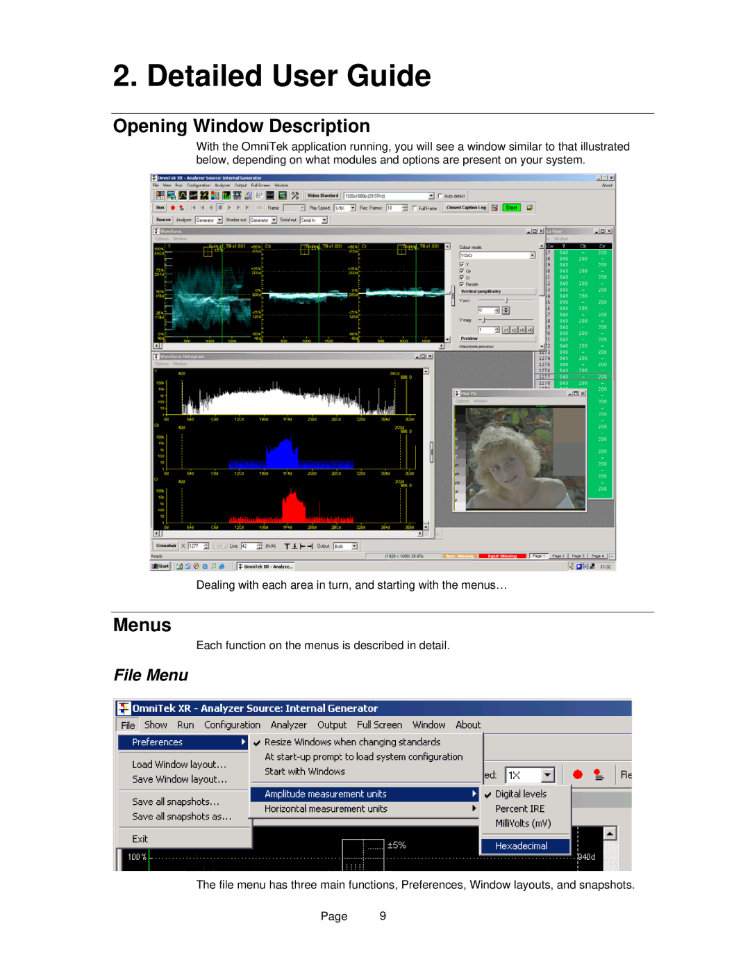 OmniTek OmniTek XR manual Detailed User Guide, Opening Window Description, Menus, File Menu 