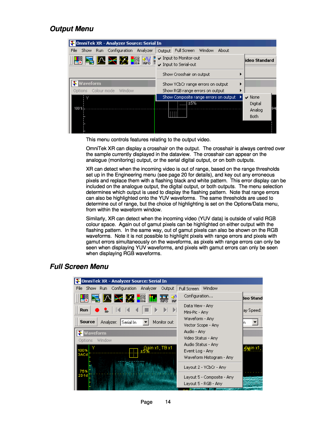 OmniTek OmniTek XR manual Output Menu, Full Screen Menu 