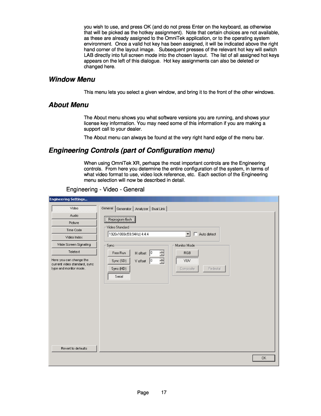 OmniTek OmniTek XR Window Menu, About Menu, Engineering Controls part of Configuration menu, Engineering - Video - General 