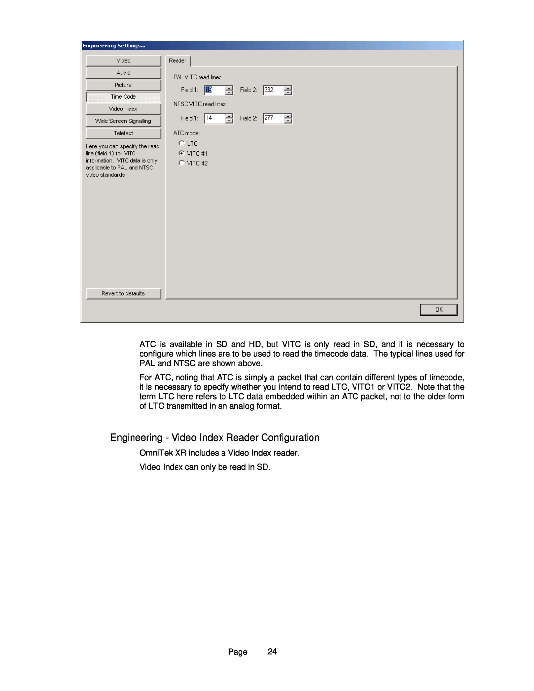 OmniTek OmniTek XR manual Engineering - Video Index Reader Configuration 