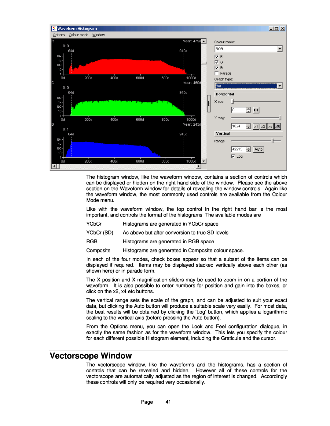 OmniTek OmniTek XR manual Vectorscope Window, Histograms are generated in Composite colour space 