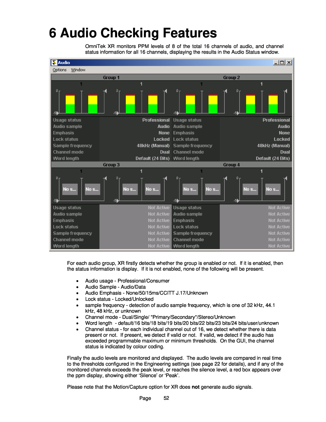 OmniTek OmniTek XR manual Audio Checking Features 