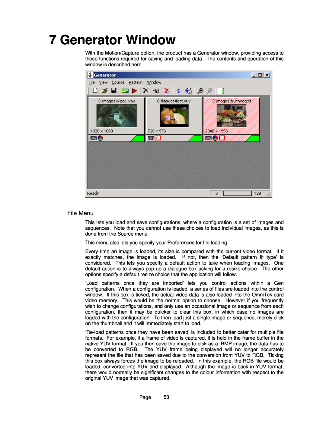 OmniTek OmniTek XR manual Generator Window, File Menu 