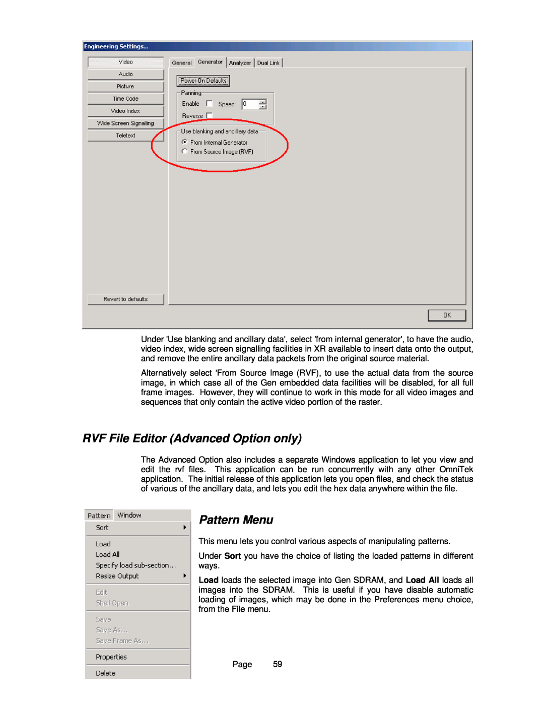 OmniTek OmniTek XR manual RVF File Editor Advanced Option only, Pattern Menu 