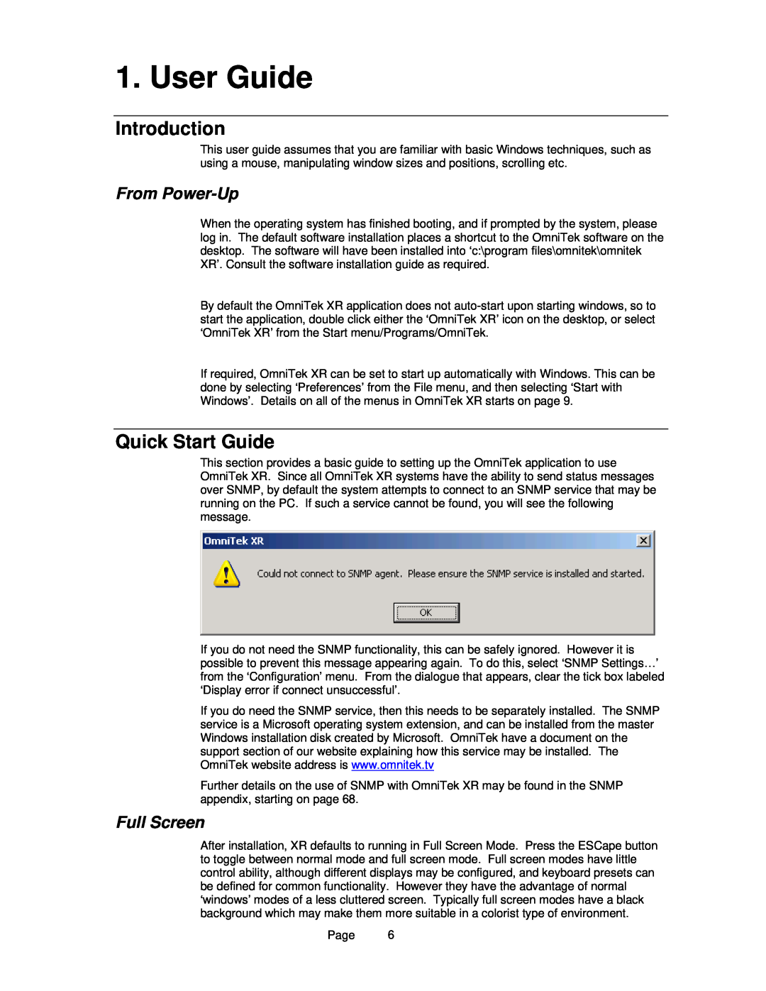 OmniTek OmniTek XR manual User Guide, Introduction, Quick Start Guide, From Power-Up, Full Screen 