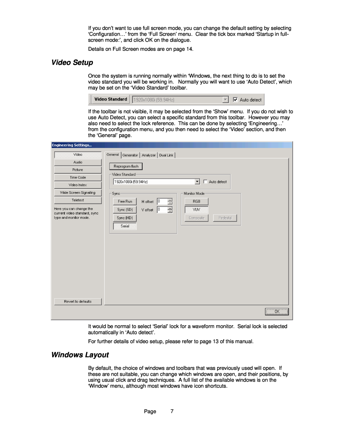 OmniTek OmniTek XR manual Video Setup, Windows Layout 