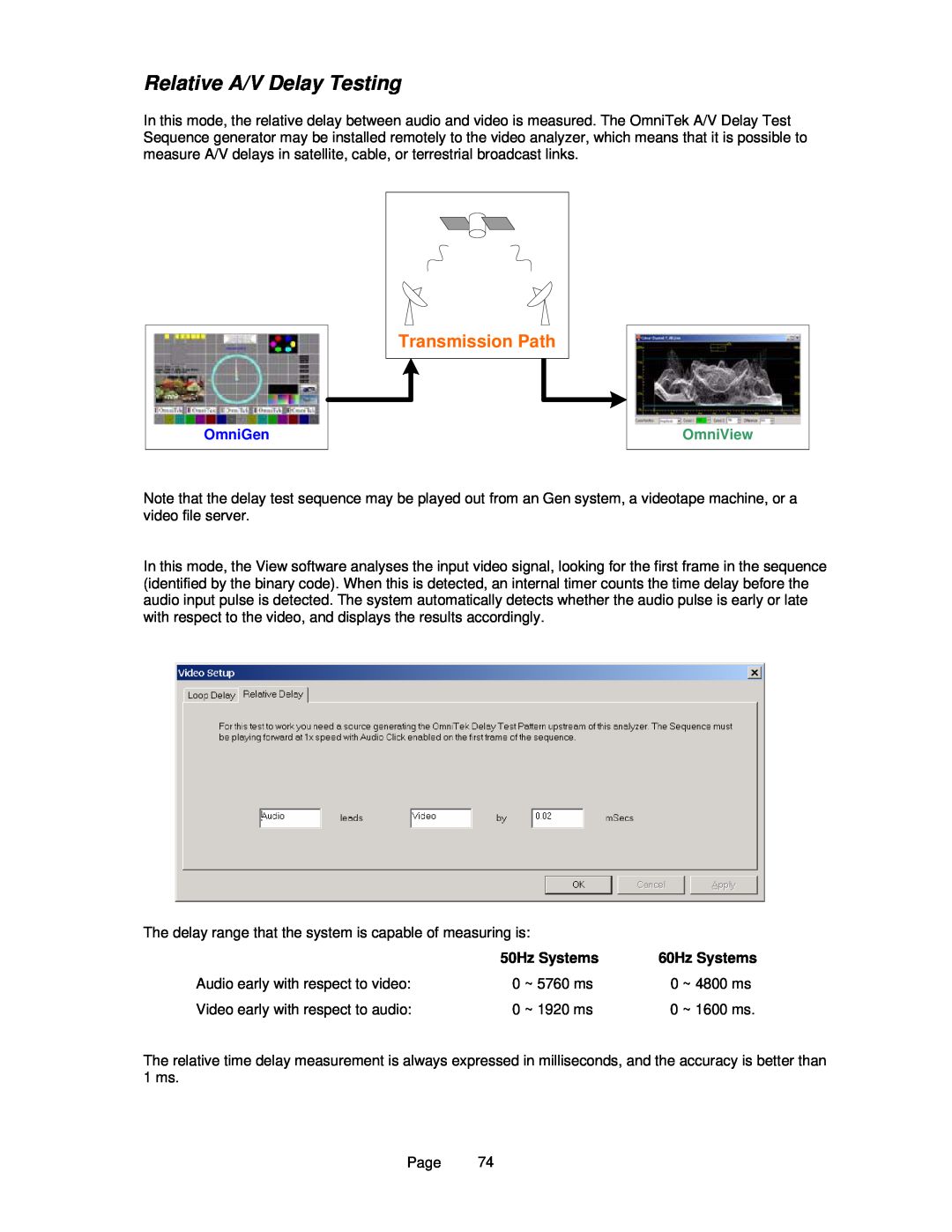 OmniTek OmniTek XR manual Relative A/V Delay Testing, Transmission Path, 50Hz Systems 