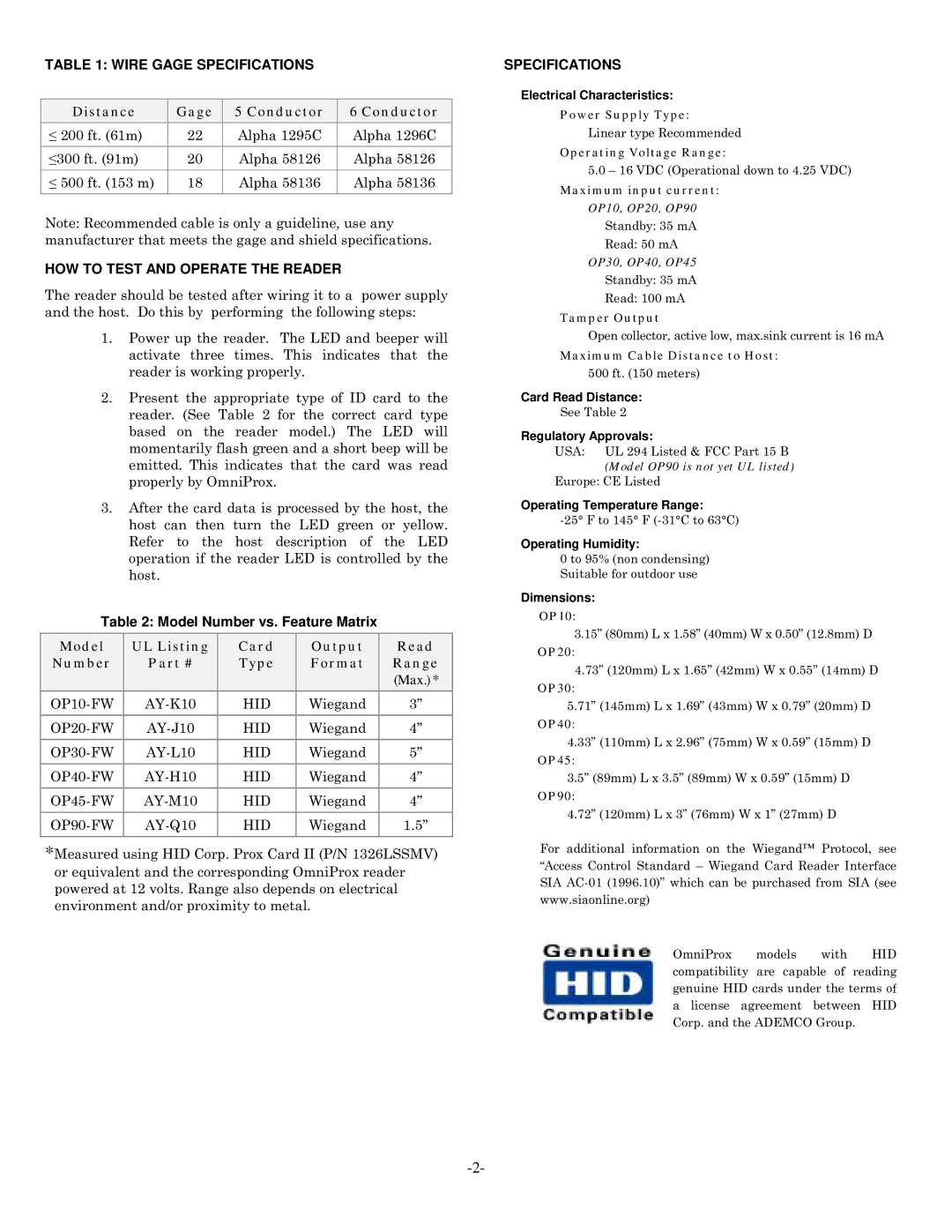 OmniTek OP90, OP45, OP40, OP10, OP30 Wire Gage Specifications, Distance Gage Conductor, HOW to Test and Operate the Reader 