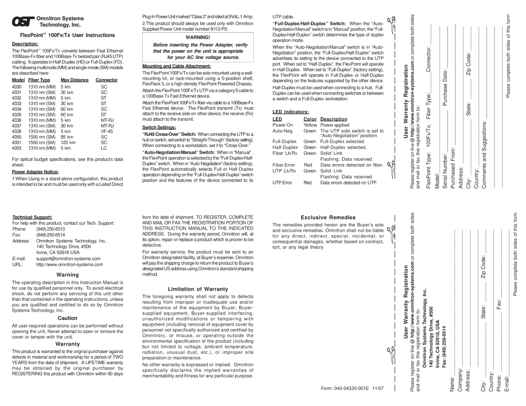 Omnitron Systems Technology warranty FlexPoint 100Fx/Tx User Instructions, Limitation of Warranty 